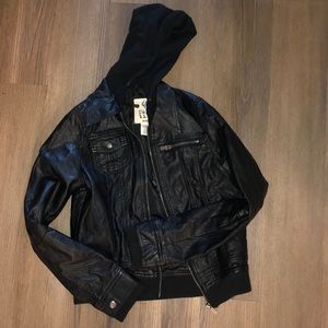 Leather jacket with hoodie under